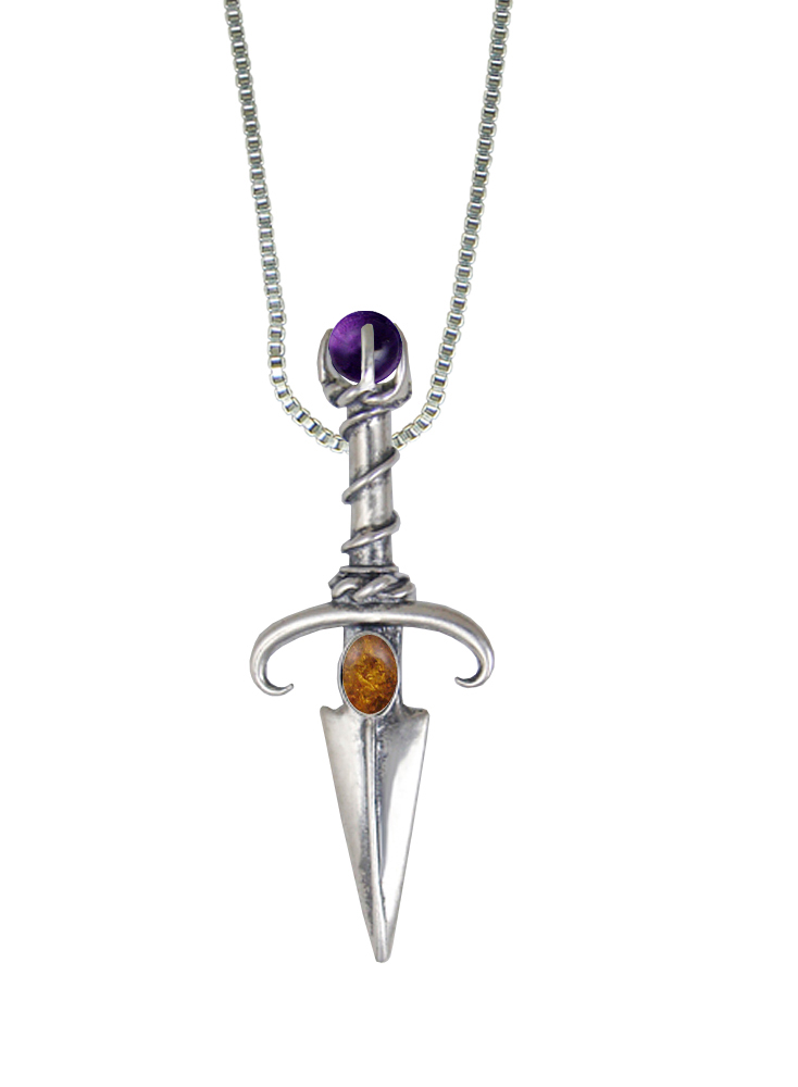 Sterling Silver Black Prince's Knife Dagger Pendant With Amber And Amethyst